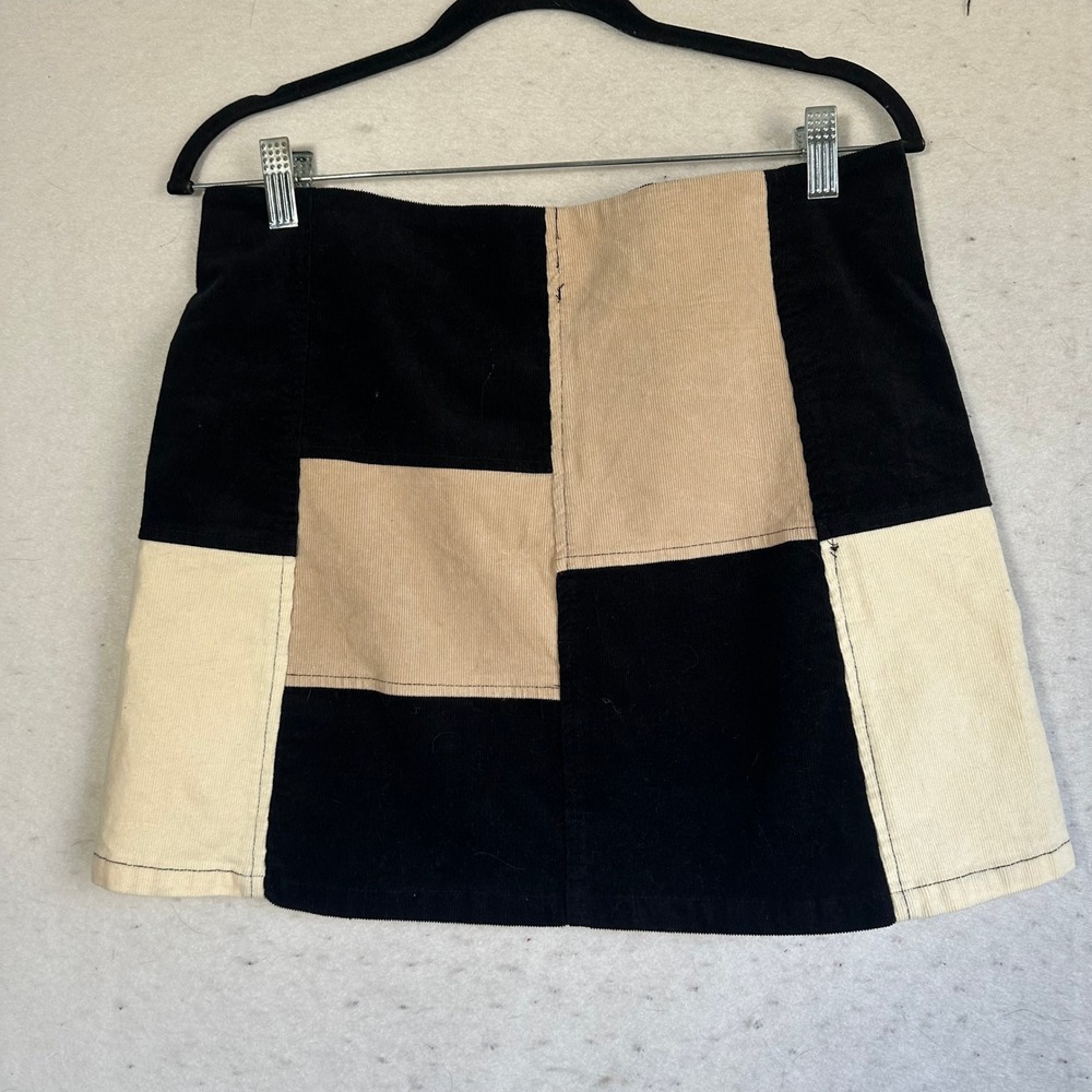 Rue21 Colorblock Corduroy Mini Skirt Black Tan Patchwork Exposed Zip A-Line L